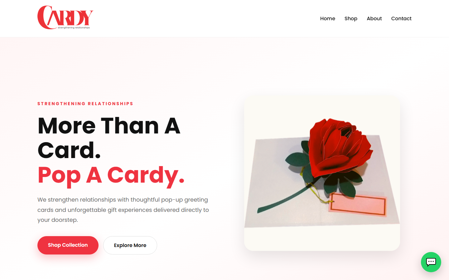 The Cardy homepage: pop-up greeting cards, with a red paper rose card as the hero image.